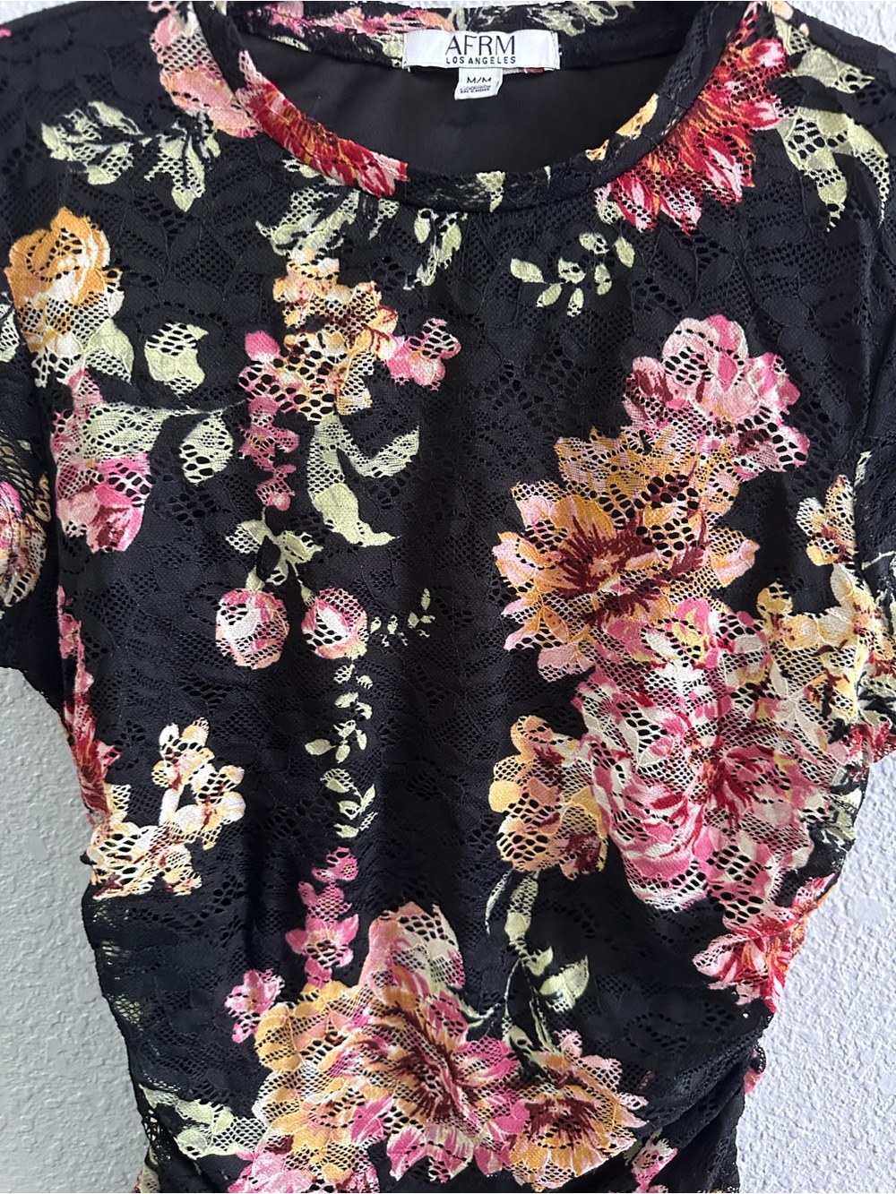AFRM Los Angeles Floral Lace Mesh Ruched Top Medium Black Sheer Short Sleeve - Picture 3 of 10